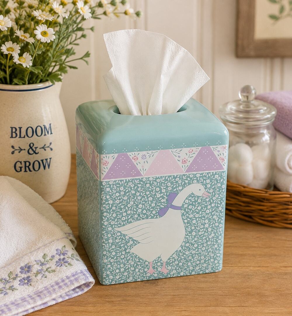 Vintage 80s 90s Country Goose Plastic Tissue Box Cover Teal Mauve Cottagecore